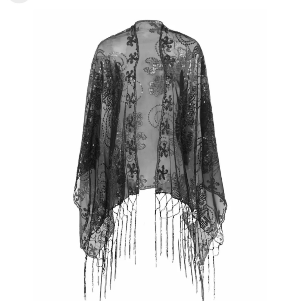 TiaoBug Women's 1920s Scarf Mesh Sequin Wedding Cape Fringed Evening Shawl Wrap - Picture 6 of 6